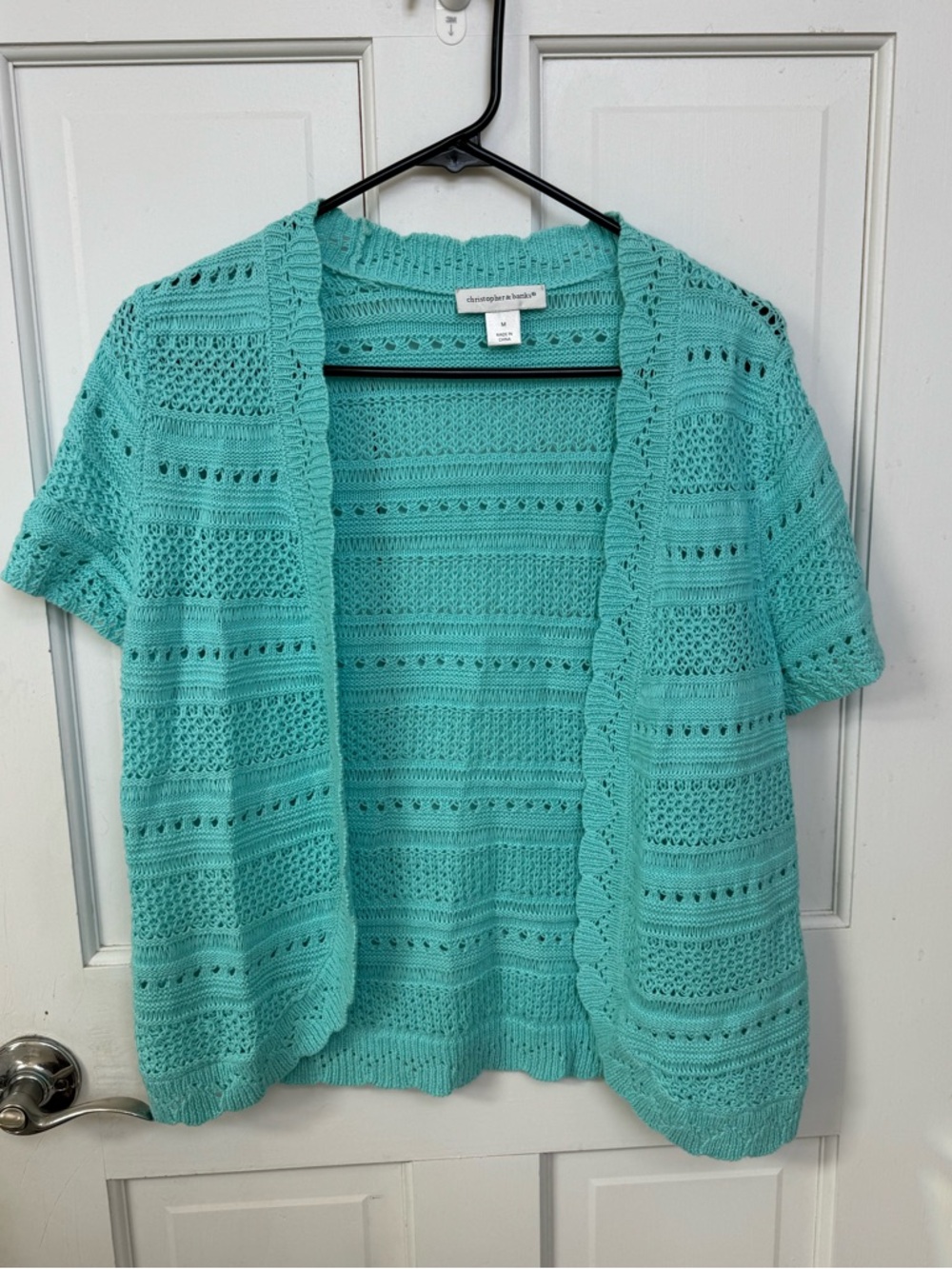 Christopher & Banks Open Crochet Short-Sleeve Cardigan - Aqua/Turquoise